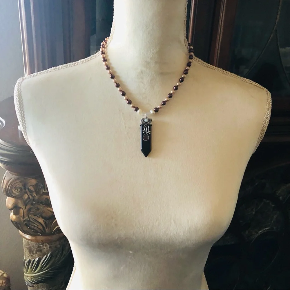 Handcrafted repurpose Tiger eye stone pendant Czech glass Pearl necklace